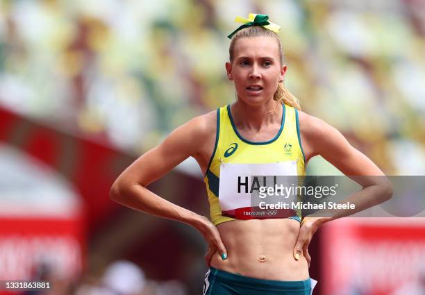 Linden Hall of Team Australia looks on during round one of the Women's 1500m heats on day ten of the Tokyo 2020 Olympic Games at Olympic Stadium on...