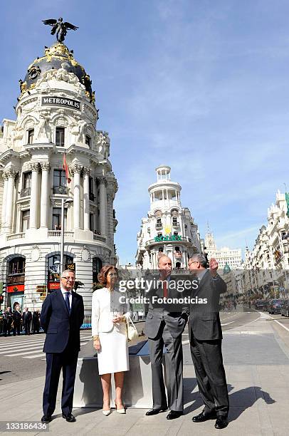 Minister Jose Blanco, Queen Sofia of Spain, King Juan Carlos of Spain and Madrid's Mayor Alberto Ruiz Gallardon attend Gran Via Street centennial...