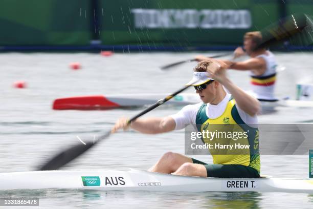 Thomas Green of Team Australia competes during Men's Kayak Single 1000m Heat 1 on day ten of the Tokyo 2020 Olympic Games at Sea Forest Waterway on...