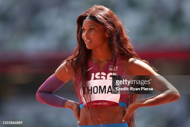 Gabrielle Thomas of Team United States reacts after competing in round one of the Women's 200m heats on day ten of the Tokyo 2020 Olympic Games at...