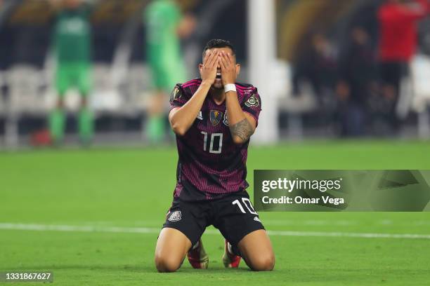 Orbelín Pineda of Mexico reacts after missing a chance to score during the CONCACAF Gold Cup 2021 final match between United States and Mexico at...