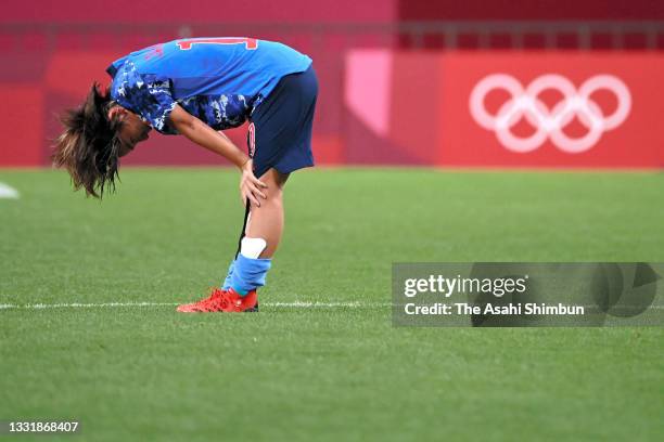 Mana Iwabuchi of Team Japan shows dejection after her side's 1-3 defeat in the Women's Quarter Final match between Sweden and Japan on day seven of...