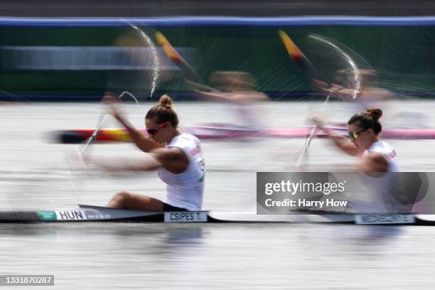 Tamara Csipes and Erika Medveczky of Team Hungary compete during Women's Kayak Double 500m Heat 3 on day ten of the Tokyo 2020 Olympic Games at Sea...