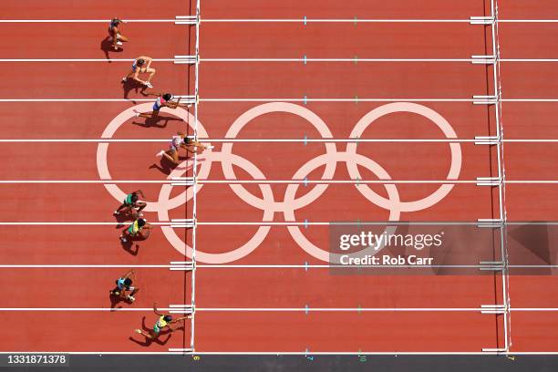 Jasmine Camacho-Quinn of Team Puerto Rico leads during the Women's 100m Hurdles Final on day ten of the Tokyo 2020 Olympic Games at Olympic Stadium...