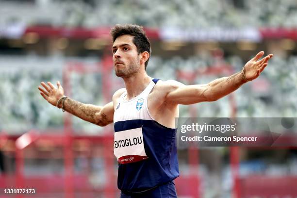 Miltiadis Tentoglou of Team Greece reacts during the Men's Long Jump Final on day ten of the Tokyo 2020 Olympic Games at Olympic Stadium on August...
