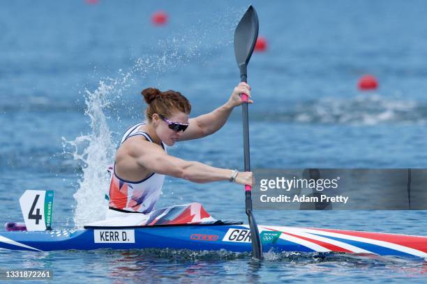 Deborah Kerr of Team Great Britain competes during Women's Kayak Single 200m Heat 3 on day ten of the Tokyo 2020 Olympic Games at Sea Forest Waterway...
