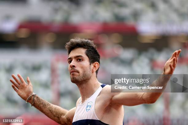 Miltiadis Tentoglou of Team Greece reacts during the Men's Long Jump Final on day ten of the Tokyo 2020 Olympic Games at Olympic Stadium on August...