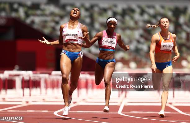 Jasmine Camacho-Quinn of Team Puerto Rico celebrates as she finishes first ahead of Kendra Harrison of Team United States in the Women's 100m Hurdles...