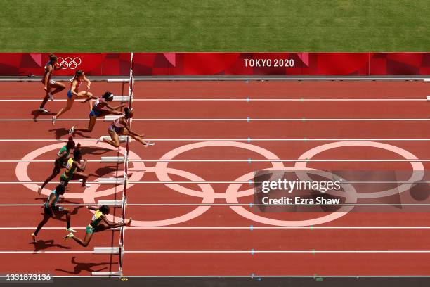 Athletes compete in the Women's 100m Hurdles Final on day ten of the Tokyo 2020 Olympic Games at Olympic Stadium on August 02, 2021 in Tokyo, Japan.