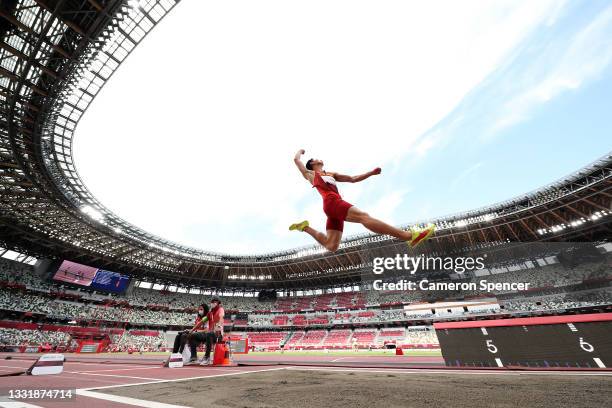 Changzhou Huang of Team China competes in the Men's Long Jump Final on day ten of the Tokyo 2020 Olympic Games at Olympic Stadium on August 02, 2021...