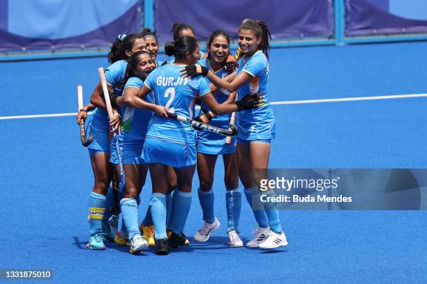 Gurjit Kaur of Team India celebrates scoring the first goal with teammates during the Women's Quarterfinal match between Australia and India on day...