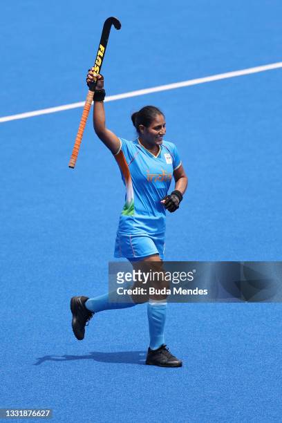 Gurjit Kaur of Team India celebrates scoring the first goal during the Women's Quarterfinal match between Australia and India on day ten of the Tokyo...