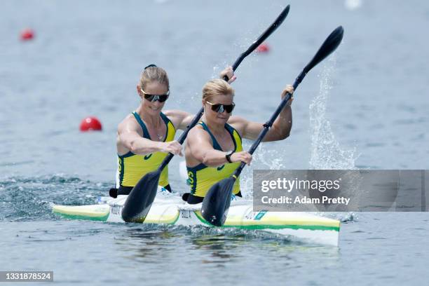 Alyssa Bull and Alyce Wood of Team Australia during Women's Kayak Double 500m Heat 4 on day ten of the Tokyo 2020 Olympic Games at Sea Forest...