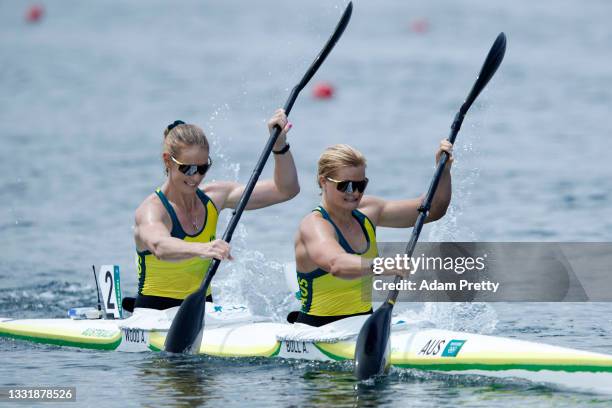 Alyssa Bull and Alyce Wood of Team Australia during Women's Kayak Double 500m Heat 4 on day ten of the Tokyo 2020 Olympic Games at Sea Forest...