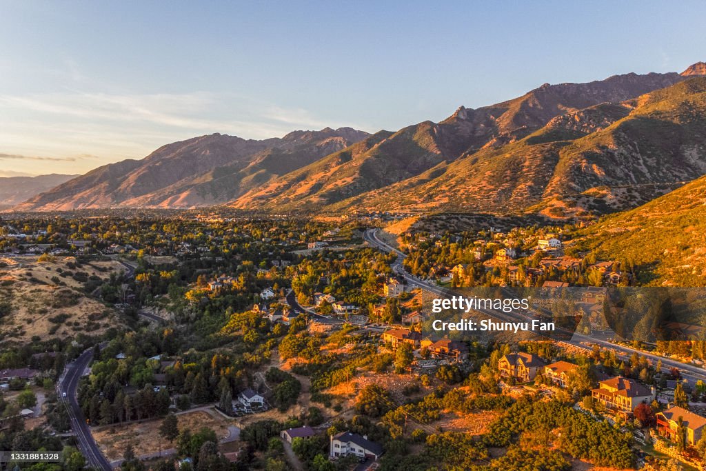 Aerial View of Salt Lake City Suburb Sunset