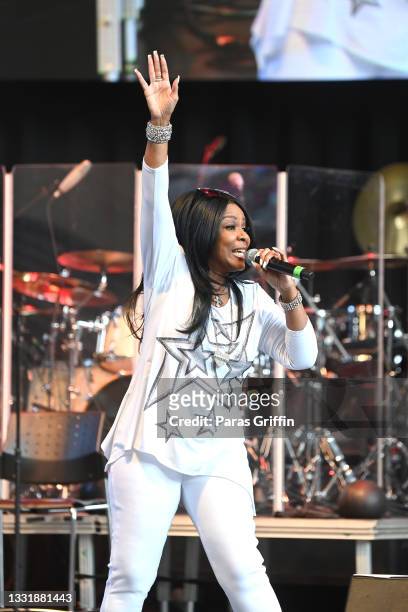 Singer Angela Winbush performs onstage during An Evening Of Funk at Mable House Barnes Amphitheatre on August 01, 2021 in Mableton, Georgia.