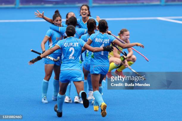 Players of Team India celebrate their 1-0 win after the Women's Quarterfinal match between Australia and India on day ten of the Tokyo 2020 Olympic...