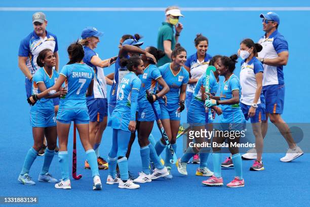 Team India celebrates their 1-0 win after the Women's Quarterfinal match between Australia and India on day ten of the Tokyo 2020 Olympic Games at Oi...