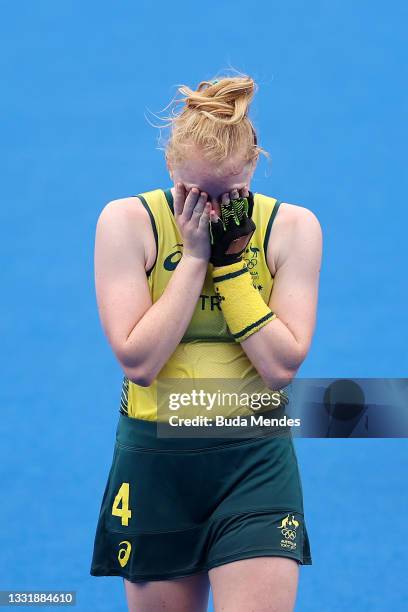 Amy Rose Lawton and Mariah Williams of Team Australia react after a 1-0 loss after the Women's Quarterfinal match between Australia and India on day...