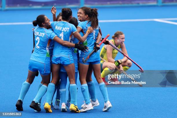 Players of Team India celebrate their 1-0 win after the Women's Quarterfinal match between Australia and India on day ten of the Tokyo 2020 Olympic...