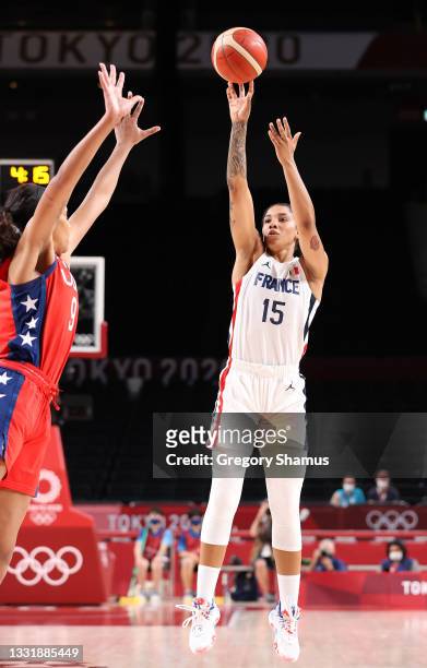 Gabrielle Williams of Team France shoots against United States of America during the first half of a Women's Basketball Preliminary Round Group B...