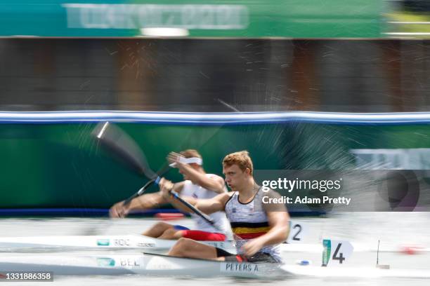 Artuur Peters of Team Belgium competes during Men's Kayak Single 1000m Quarterfinal on day ten of the Tokyo 2020 Olympic Games at Sea Forest Waterway...