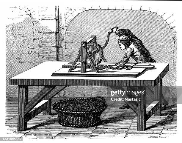 old knurling machine for engraving notches in the edges of coins (17th century) - 17th century stock illustrations
