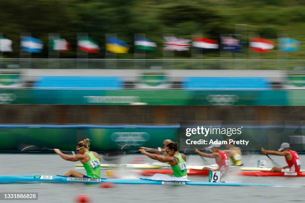 Spela Ponomarenko Janic and Anja Osterman of Team Slovenia compete during Women's Kayak Double 500m Quarterfinal on day ten of the Tokyo 2020 Olympic...