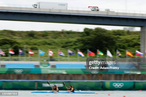 Afef Ben Ismail and Khaoula Sassi of Team Tunisia compete during Women's Kayak Double 500m Quarterfinal on day ten of the Tokyo 2020 Olympic Games at...
