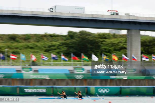 Afef Ben Ismail and Khaoula Sassi of Team Tunisia compete during Women's Kayak Double 500m Quarterfinal on day ten of the Tokyo 2020 Olympic Games at...