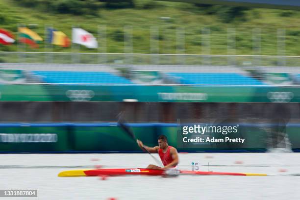 Dong Zhang of Team China competes during Men's Kayak Single 1000m Quarterfinal on day ten of the Tokyo 2020 Olympic Games at Sea Forest Waterway on...