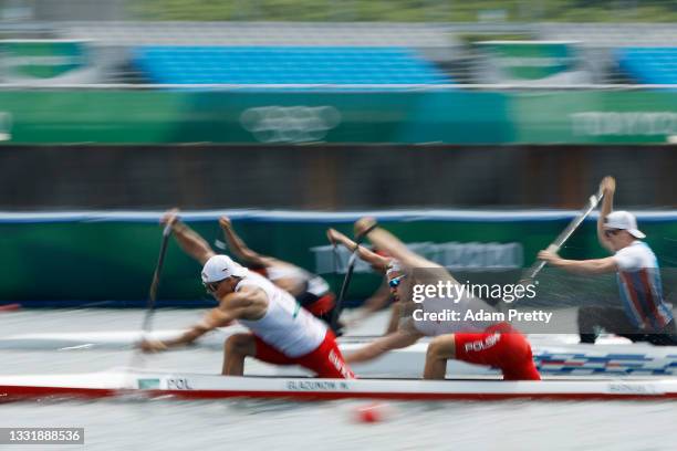 Tomasz Barniak and Wiktor Glazunow of Team Poland compete during Men's Canoe Double 1000m Quarterfinal on day ten of the Tokyo 2020 Olympic Games at...