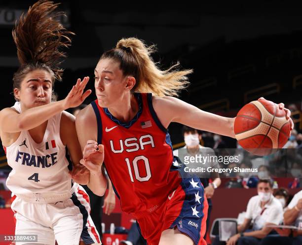 Breanna Stewart of Team United States drives to the basket against Marine Fauthoux of Team France during the second half of a Women's Basketball...
