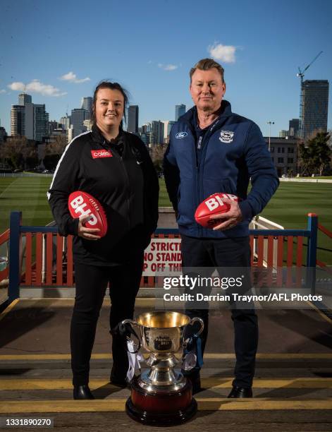 Collingwood VFLW Coach Chloe McMillan and Geelong VFLW Coach Andrew Bruce poses for a photo during a 2021 VFLW Grand Final Media Opportunity at ETU...