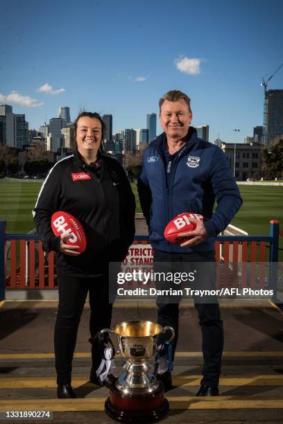 Collingwood VFLW Coach Chloe McMillan and Geelong VFLW Coach Andrew Bruce poses for a photo during a 2021 VFLW Grand Final Media Opportunity at ETU...