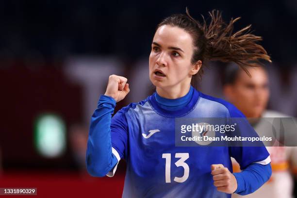 Anna Vyakhireva of Team ROC celebrates after scoring a goal during the Women's Preliminary Round Group B handball match between Spain and ROC on day...