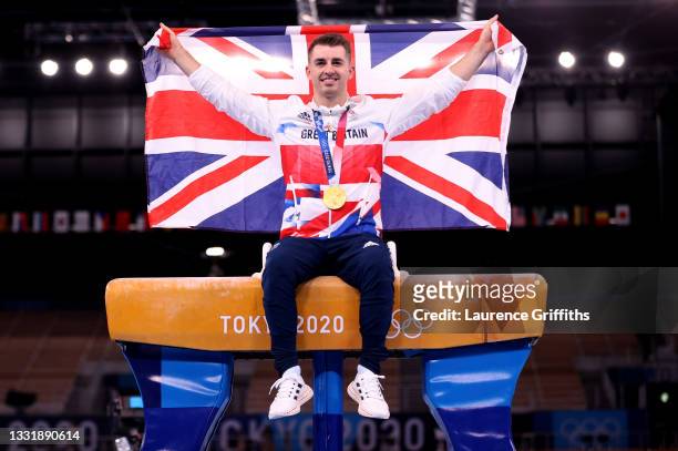 Max Whitlock of Team Great Britain celebrates after winning gold in the Men's Pommel Horse Final on day nine of the Tokyo 2020 Olympic Games at...