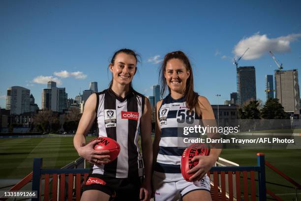 Collingwood VFLW captain Caitlin Bunker and Geelong VFLW captain Breanna Beckley pose for a photo during a 2021 VFLW Grand Final Media Opportunity at...