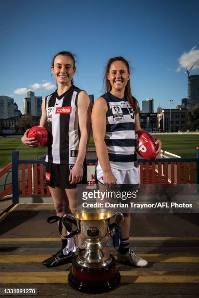 Collingwood VFLW captain Caitlin Bunker and Geelong VFLW captain Breanna Beckley pose for a photo during a 2021 VFLW Grand Final Media Opportunity at...