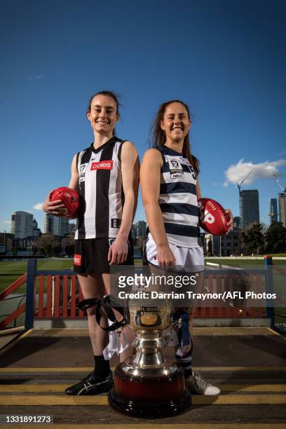 Collingwood VFLW captain Caitlin Bunker and Geelong VFLW captain Breanna Beckley pose for a photo during a 2021 VFLW Grand Final Media Opportunity at...