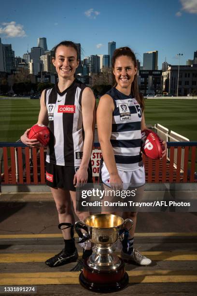 Collingwood VFLW captain Caitlin Bunker and Geelong VFLW captain Breanna Beckley pose for a photo during a 2021 VFLW Grand Final Media Opportunity at...