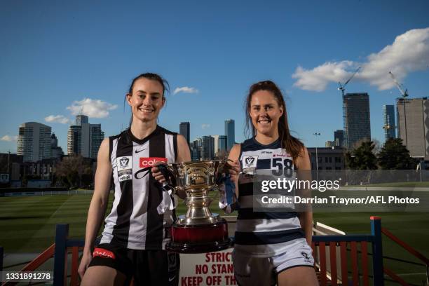 Collingwood VFLW captain Caitlin Bunker and Geelong VFLW captain Breanna Beckley pose for a photo during a 2021 VFLW Grand Final Media Opportunity at...