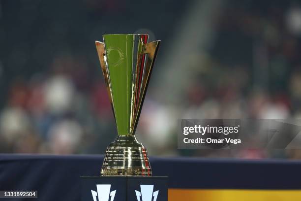 The Trophy of Championship is displayed during the CONCACAF Gold Cup 2021 final match between United States and Mexico at Allegiant Stadium on August...
