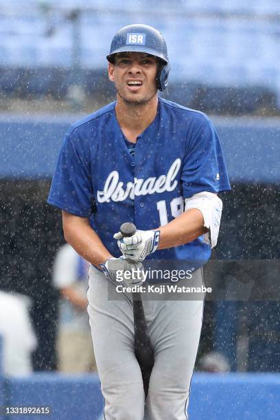 Danny Valencia of Team Israel looks on during his at-bat in the fifth inning against Team South Korea during the knockout stage of men's baseball on...