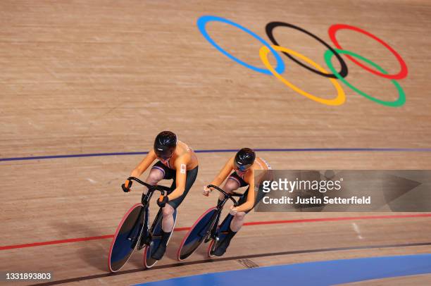 Laurine van Riessen and Shanne Braspennincx of Team Netherlands sprint during the Women's team sprint qualifying of the Track Cycling on day 10 of...