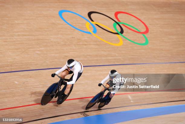 Lea Sophie Friedrich and Emma Hinze of Team Germany sprint during the Women's team sprint qualifying of the Track Cycling on day 10 of the Tokyo...