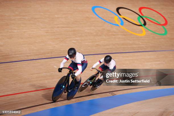 Daria Shmeleva and Anastasiia Voinova of Team ROC sprint during the Women's team sprint qualifying of the Track Cycling on day 10 of the Tokyo...