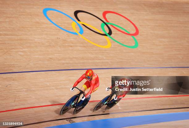Shanju Bao and Tianshi Zhong of Team China sprint during the Women's team sprint qualifying of the Track Cycling on day 10 of the Tokyo Olympics 2021...