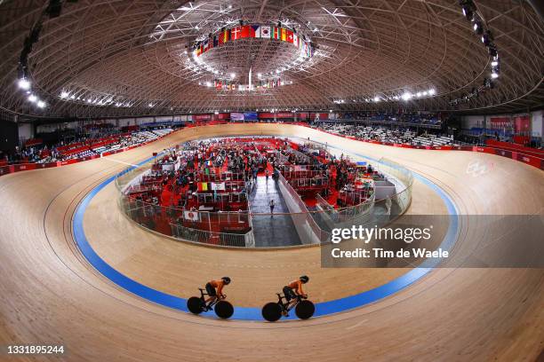 General view of Shanne Braspennincx and Laurine van Riessen of Team Netherlands sprint during the Women's team sprint qualifying of the Track Cycling...