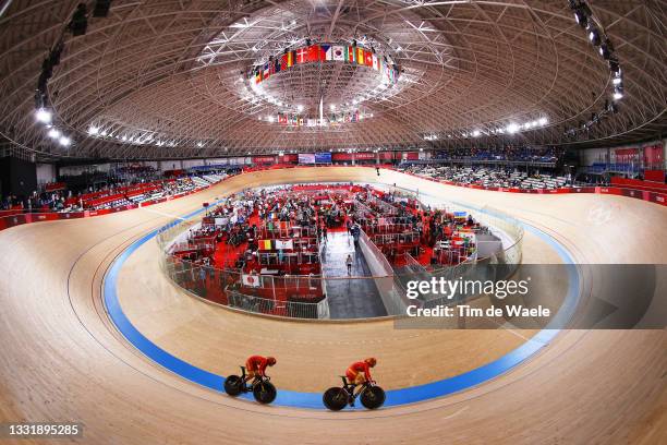 General view of Tianshi Zhong and Shanju Bao of Team China sprint during the Women's team sprint qualifying of the Track Cycling on day 10 of the...